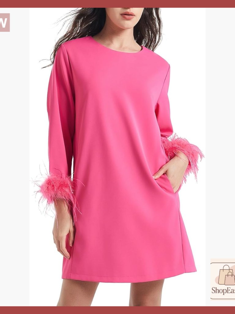Feather Trim Cocktail Dress Elegant Mini Party Wear 3/4 Sleeves A-Line